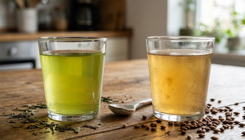 木のテーブルに置かれた二つの透明なグラス。左はカテキンの抗菌作用を表す清澄な緑茶、右はデンプンやタンパク質の成分が溶け込んだ黄金色の麦茶。麦茶のグラスの周りには toasted barley grains が散らばり、わずかに濁り、細菌の増殖を暗示している。