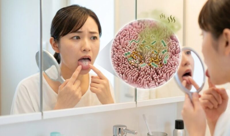 外出先で、日本人の男性がステンレス製のマイボトルから麦茶を直飲みしている。一口飲むたびに、唾液と共に目に見えない細菌がボトル内へ逆流していくリスクが、ボトルの内側に小さな気泡と細菌のアイコンで視覚化されている。