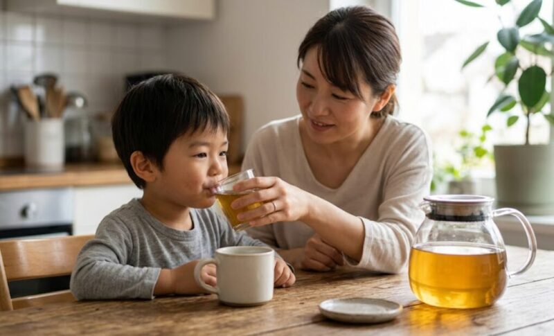 日本人の母親が、小さな子供(男の子)に常温の麦茶を、コップを使って優しく飲ませている。子供は健康そうな表情で、一口ずつゆっくりと味わっている。テーブルには子供用の清潔なコップと麦茶ポット。