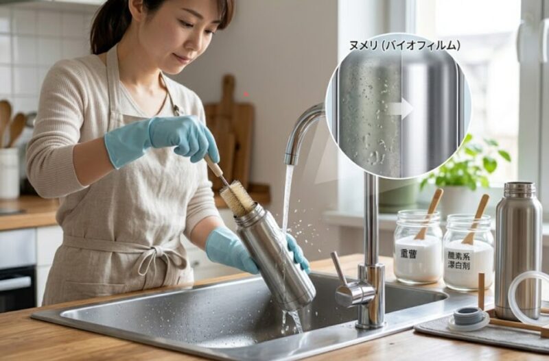 日本人の女性が清潔なキッチンで、専用のブラシを使って水筒(ステンレスボトル)の内側を丁寧に洗っている。洗われたばかりの清潔なボトルとパッキンが、重曹や酸素系漂白剤、クエン酸の入った容器と共に並べられている。水筒の内側のヌメリ(バイオフィルム)が除去されるイメージ。