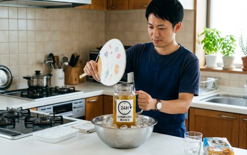 清潔なキッチンで、日本人の男性が沸騰した麦茶を急速に冷却している。コンロから下ろした麦茶ポットを、氷水の入った大きなボウルに浸し、うちわで風を送って冷ましている。ポットには24時間以内の飲み切りを暗示する、時計と1日の時間を表すアイコン。