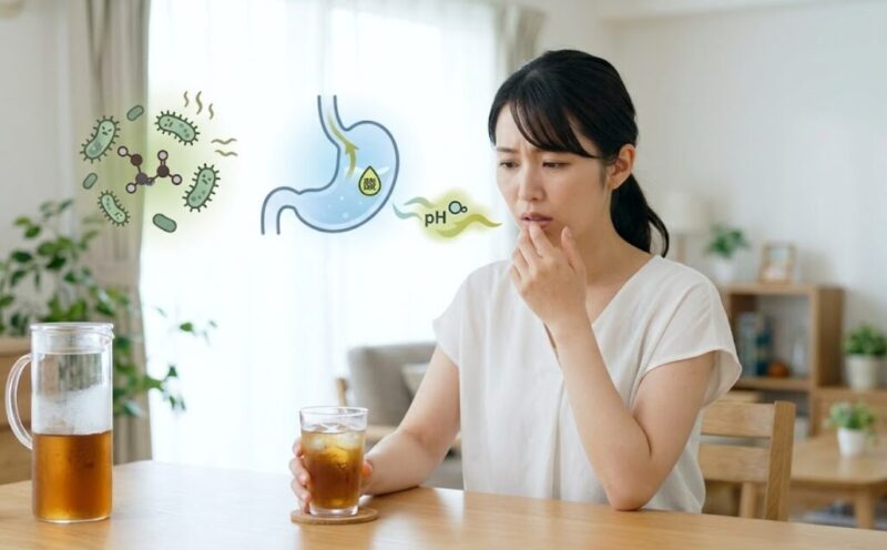 健康的なアジア人女性が清潔なキッチンで一口飲んだ冷たい麦茶のグラスをテーブルに置き、不快そうな、少し怪訝な表情で片手を口に当てている。彼女は眉をひそめ、お口の中の「酸っぱさ」を感じている。彼女の前には、氷とcondensationのある透明なグラス。